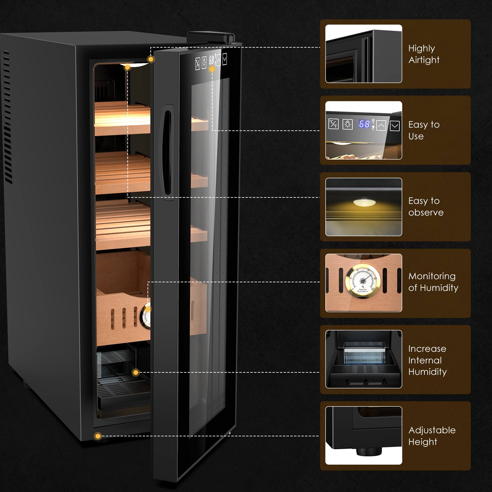 Joreek 35L Electric Cigar Humidor Cooling and Heating Control System with Spanish Cedar Wood Shelves Adjustable Electronic Cabinet, 250 Counts Large Capacity, Digital LCD Display