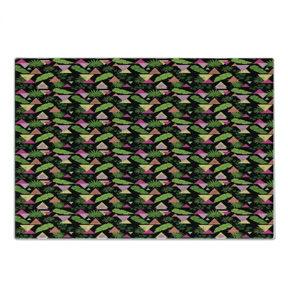 Tropical Cutting Board, Modern Pattern with Exotic Jungle Leaves and Colorful Triangles, Decorative Tempered Glass Cutting and Serving Board, in 3 Sizes, by Ambesonne