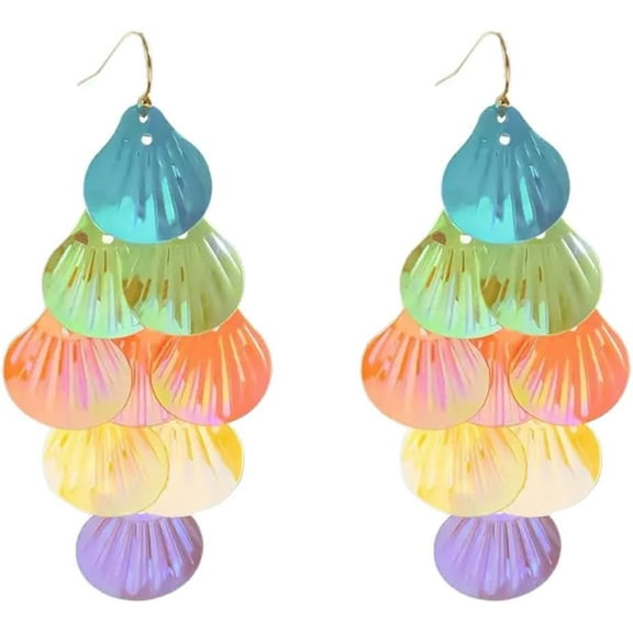 Bohemian Colorful Ocean Seashell Dangle Drop Earrings for Women Gold-Toned Long Marine Animal Tassel Dangling Fish Hook Earring Lightweitght Wedding Party Holiday Jewelry