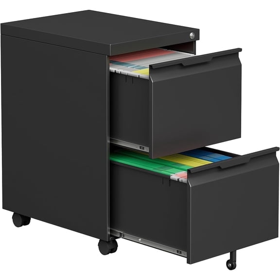 Kooyon 2 Drawer Metal File Cabinet with Lock, Rolling Under Desk Filing Cabinet for Home Office, Black, Fits A4/Letter/Legal- Assembly Required/Black