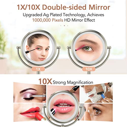 10X Magnifying Vanity Mirror with 32 Medical LED Lights Senior Pearl Nickel Cosm. ATUIO Professional 8.5 Lighted Makeup Mirror 