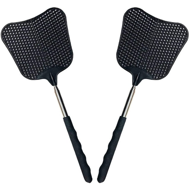 Matamoscas telescópico, matamoscas de plástico duradero, juego resistente, matamoscas telescópico con mango de acero inoxidable (2 unidades)
