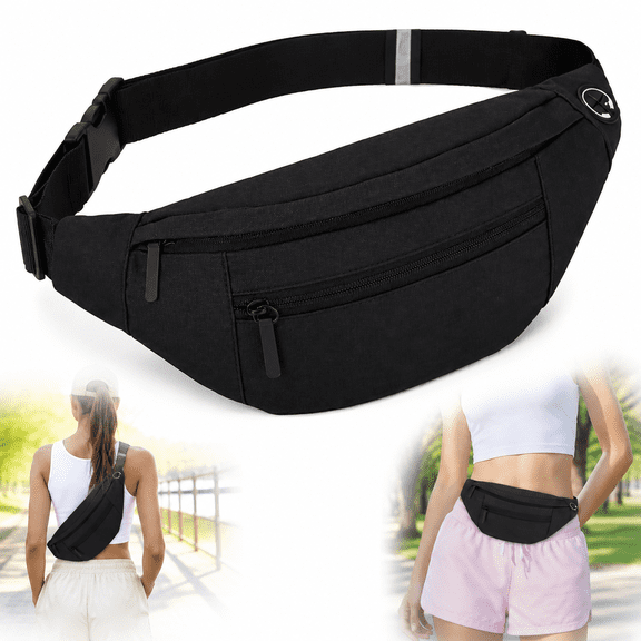 Large Crossbody Fanny Pack with 4-Zipper Pockets,Gifts for Enjoy Sports Festival Workout Traveling Running Casual Hands-Free Wallets Waist Pack Phone Bag Carrying All Phones(Black)
