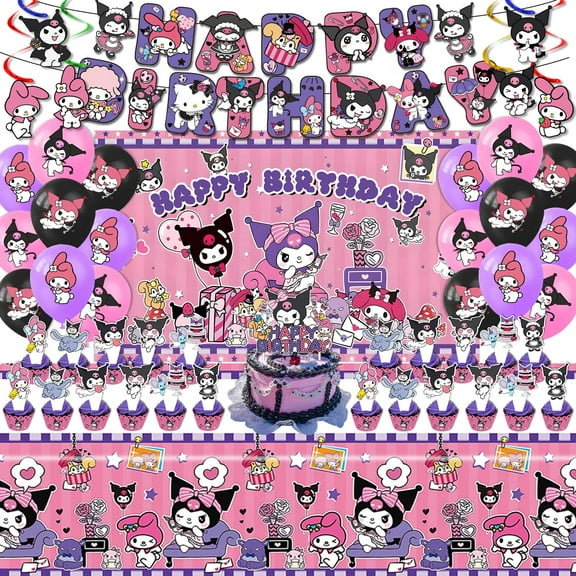 Kuromi Birthday Party Supplies, Party Decorations Set Include Banner, Backdrop, Balloons, Hanging Swirls, Cake Cupcake Toppers, Tablecloth for Girls Kuromi Theme Party