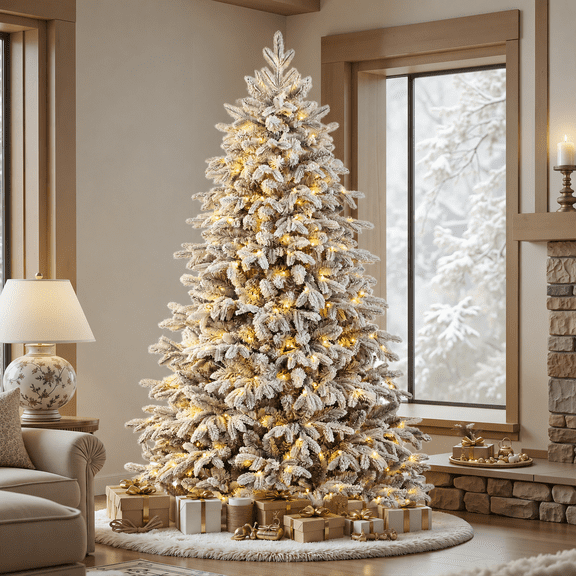 Lolsea 7ft Prelit Flocked Modern Luxury Cedar Christmas Tree with Realistic PE Foliage, Warm White & Multi-Color Lights and Remote Control