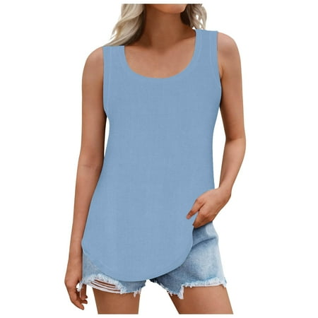 2025 Sleep Tank Tops for Women - Summer Women Solid Color Round Neck Sleeveless Casual Tee Tank Sports Bra Tank Tops for Lady Style-24 Light Blue M