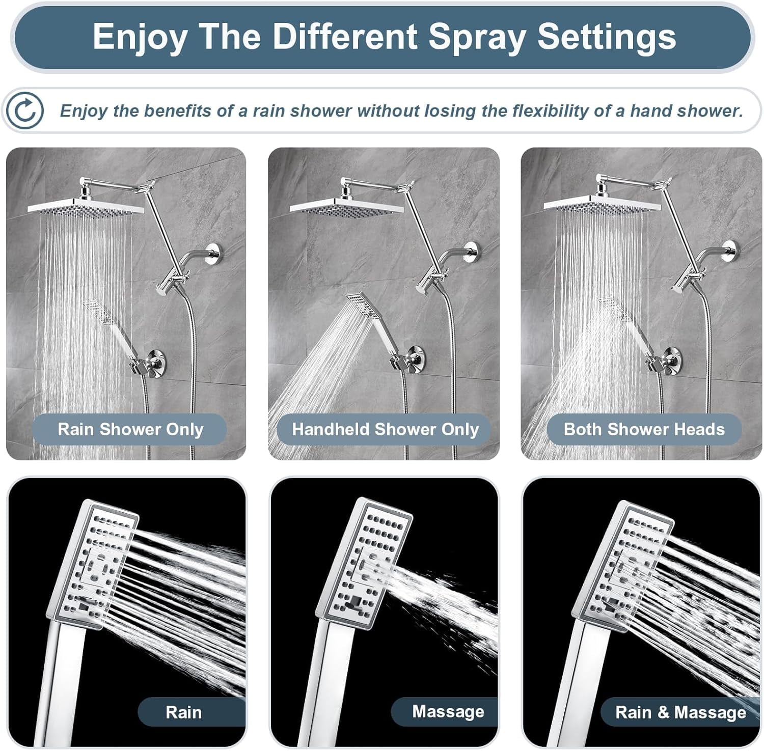 Rain Shower Head with Handheld Spray, 8 Inch High Pressure Rainfall Shower Head Combo with 60” Hose, Adjustable Dual Square Showerhead with 3-Way Diverter, Wall Bracket, Chrome