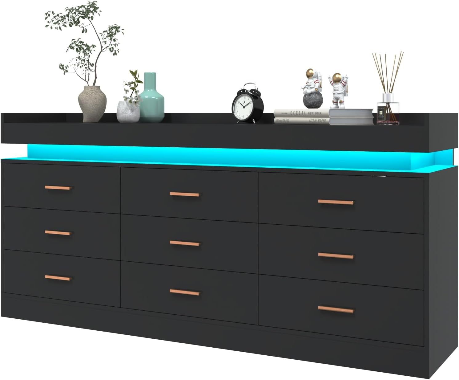 ChVans Black Dresser with LED Light and Charging Station, Modern Wood Dresser with Wide Drawers and Metal Handles, 9 drawer dresser for Bedroom, Living Room, Entryway, Hallway