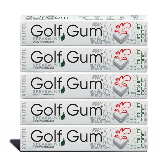 Golf Gum by Liquid Core® – 80mg of Natural Caffeine - Energy for Golfers - Sugar-Free, Aspartame-Free, Caffeine Gum - Enhanced Focus & Better Score - 5 Pieces Per Pack (5 Pack)
