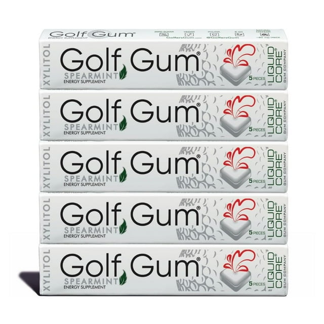 Golf Gum by Liquid Core® – 80mg of Natural Caffeine - Energy for Golfers - Sugar-Free, Aspartame-Free, Caffeine Gum - Enhanced Focus & Better Score - 5 Pieces Per Pack (5 Pack)