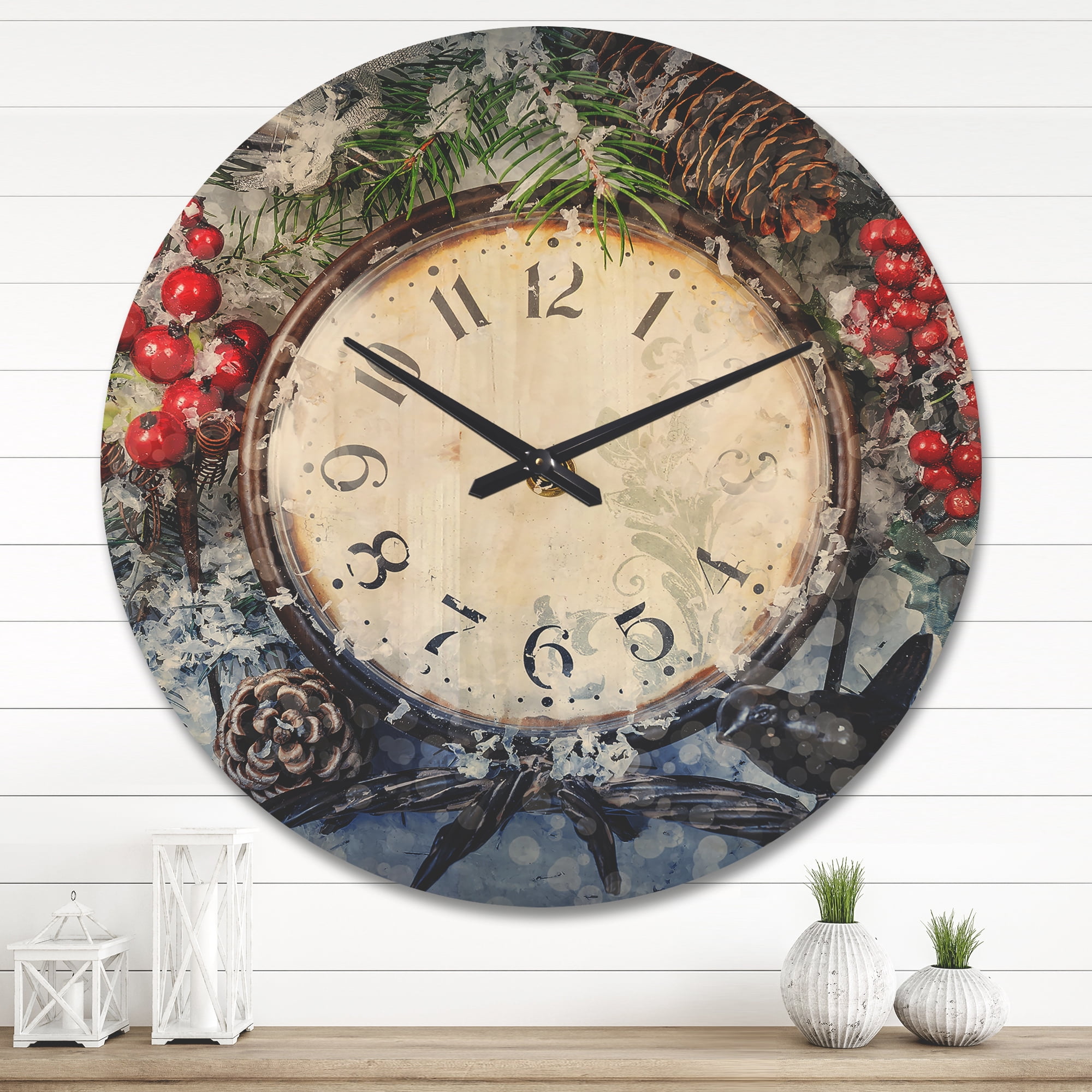 Designart 'Christmas Atmosphere Over Clock' Rustic Wood Wall Clock