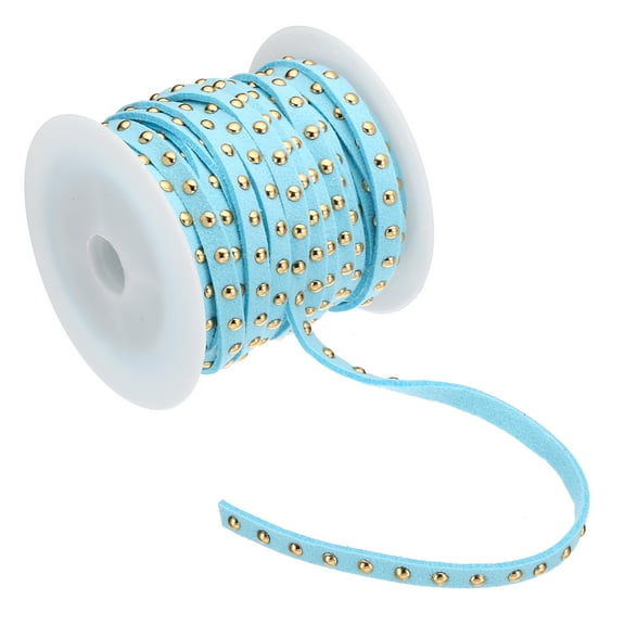 16.4ft Studded Faux Suede Cord Rope for Jewelry Making 5mm Micro Fibre Flat Leather Lace Beading String Ribbon with Rivets, Lake Blue Golden