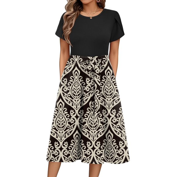 Vestido midi Zeagoo con estampado floral y mangas de pétalos con bolsillos