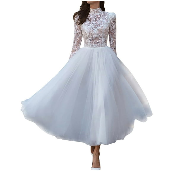 Lilgiuy Women's Lace Mesh Slim Fit Round Neck Midi Dress Evening Party Wedding Dress White,8 2022 Fall Winter