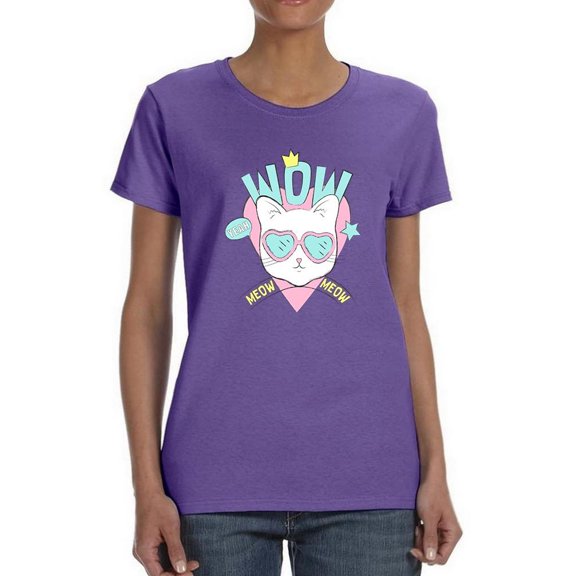 Wow Meow Cool Glasses Kitten Shaped T-Shirt Women -Image by Shutterstock, Female Large