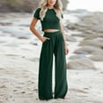 thumbnail image 2 of Dyegold Knitted Two Piece Outfit For Women Short Sleeve Slim Cropped Top Wide Leg Long Pants Summer Tracksuits Lounge Set, 2 of 7