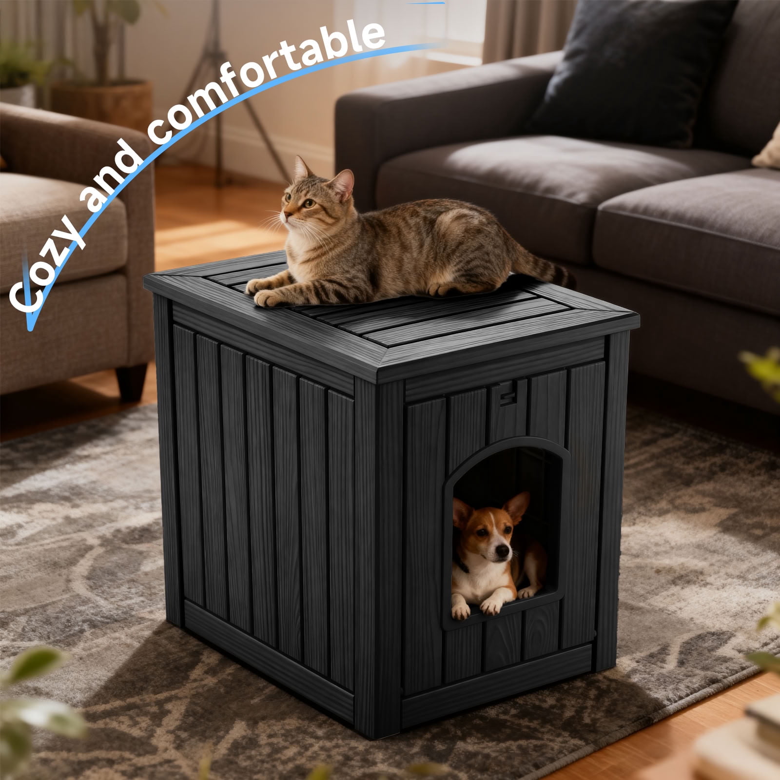MAYEERTY Dual-Use Indoor Cat House & Litter Box Enclosure, Wood-Textured Litter Hideaway Furniture