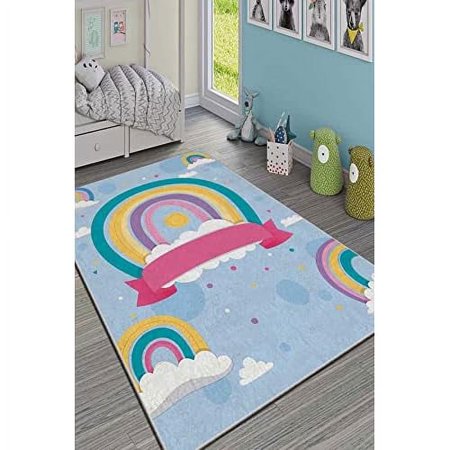 LaModaHome Area Rug Non-Slip - Blue Colorful striped and cloud Soft Machine Washable Bedroom Rugs Indoor Outdoor Bathroom Mat Kids Child Stain Resistant Living Room Kitchen Carpet 5.9 x 9.3 ft