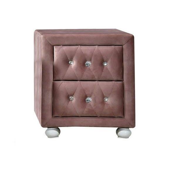 Rex 17 Inch Modern Upholstered Nightstand, 2 Drawer, Crystal Handles, Pink - Saltoro Sherpi