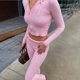 thumbnail image 2 of Conjuntos de 2 piezas de punto para mujer, chándal de manga larga con cremallera, suéter con capucha, Top corto, pantalones acampanados, traje elástico a juego, 2 of 4