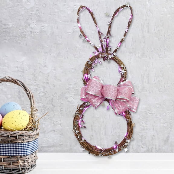 SDJMa Easter Bunny Wreath with String Lights, Rabbit Shaped Artificial Twig Wreath with Purple LED Lights and Pink Glitter Bow for Indoor Outdoor Spring Easter Home Front Porch Wall, 20"