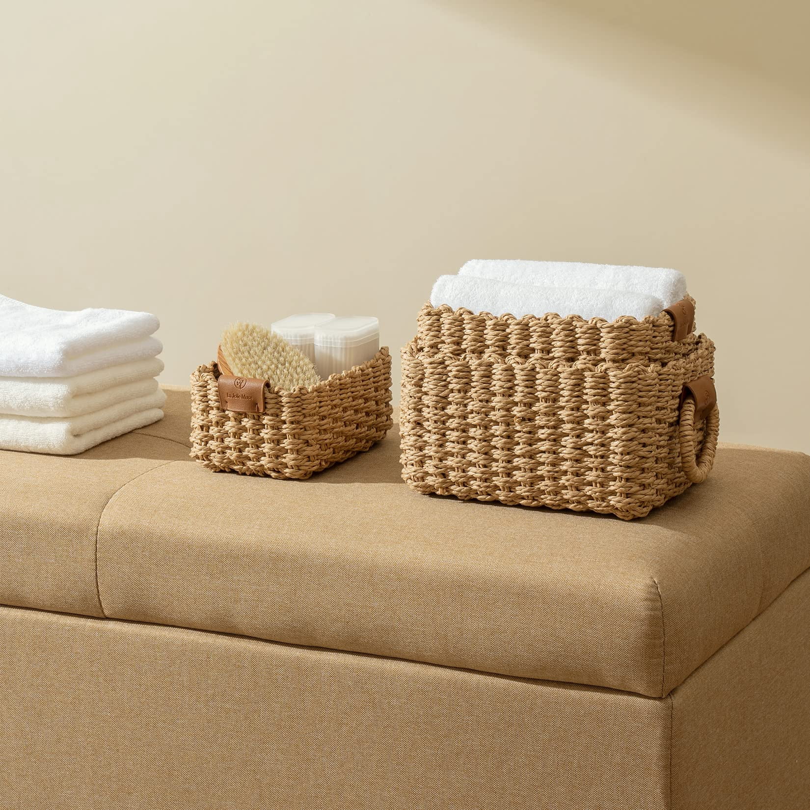 Asunby Small Wicker Baskets for Organizing, Recycled Paper Rope Storage Basket Container Bins for Shelves Bathroom Cupboards Drawer, Decorative Square Basket Organizer Set of 3