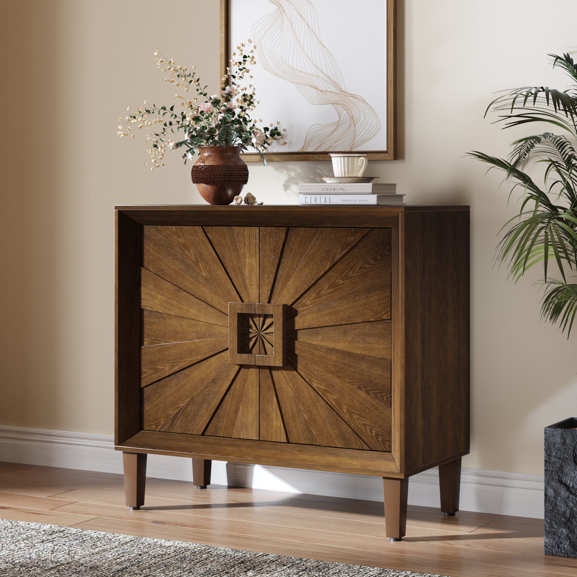31.5" Modular Credenza Sideboard Buffet, Small Space Cabinet with Symmetrical Sunburst Doors, Accent Cabinet with Adjustable Shelves for Dining Room, Entryway & Hallway