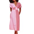 thumbnail image 2 of Elippeo Women Midi Dress Plaid Contrast Color V-Neck Short Sleeve Dress A-line Dress Summer Casual Dress, 2 of 8