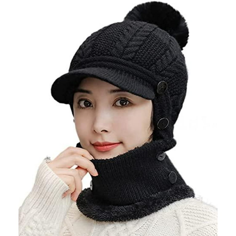 Winter Beanie Hat Scarf and Mask Set for Women, Thick Warm Slouchy Knit  Fleece Lined Skull Knit Cap Scarf Mouth Mask 3 Pieces