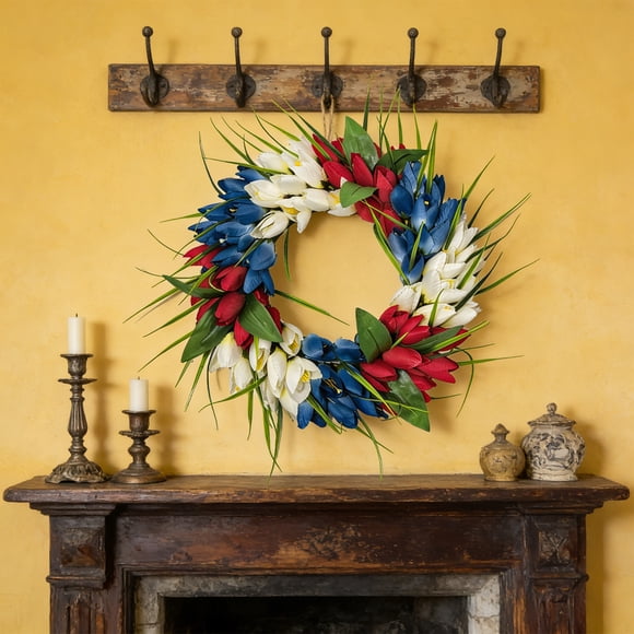 Couronne de Tulipes Artificielles de Printemps à Suspendre à la Porte, Couronne en Plastique Multicolore, Ornement Décoratif pour Mur/porte d'Entrée 35 x 35 cm, pour Intérieur Extérieur