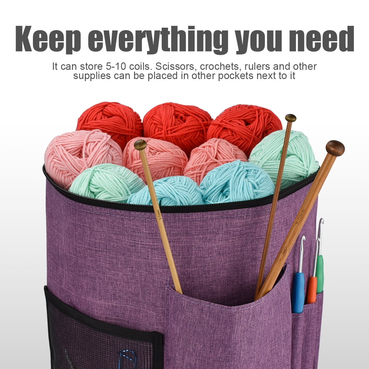 Ghopy Crochet Bag Knitting Bag Yarn Storage with Multi-Pockets Barrel-Shaped Handle Strap Knitting Storage Bag Portable Yarn Knitting Organizer Bag for Hooks Needles Yarn Skeins