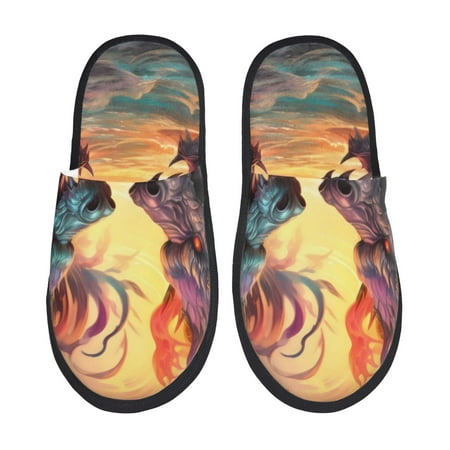 

Qokaie Colorful Wave Dragon Head Print Fuzzy Slippers for Women – Soft Plush Indoor Slippers with EVA Sole Cozy and Comfortable for Home and Travel-Medium