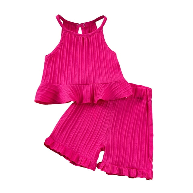 Zpanxa Ensembles d'Été pour Filles Mode Décontractée Short Sans Manches Col Rond Bouton Couleur Unie Ensembles de Shorts 2 Ans