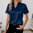 thumbnail image 2 of Summer Womens Casual Blouse Solid Color Loose Fit Shirt Top Versatile Basic Elegant Style Short Sleeve V Neck Blue XL, 2 of 5