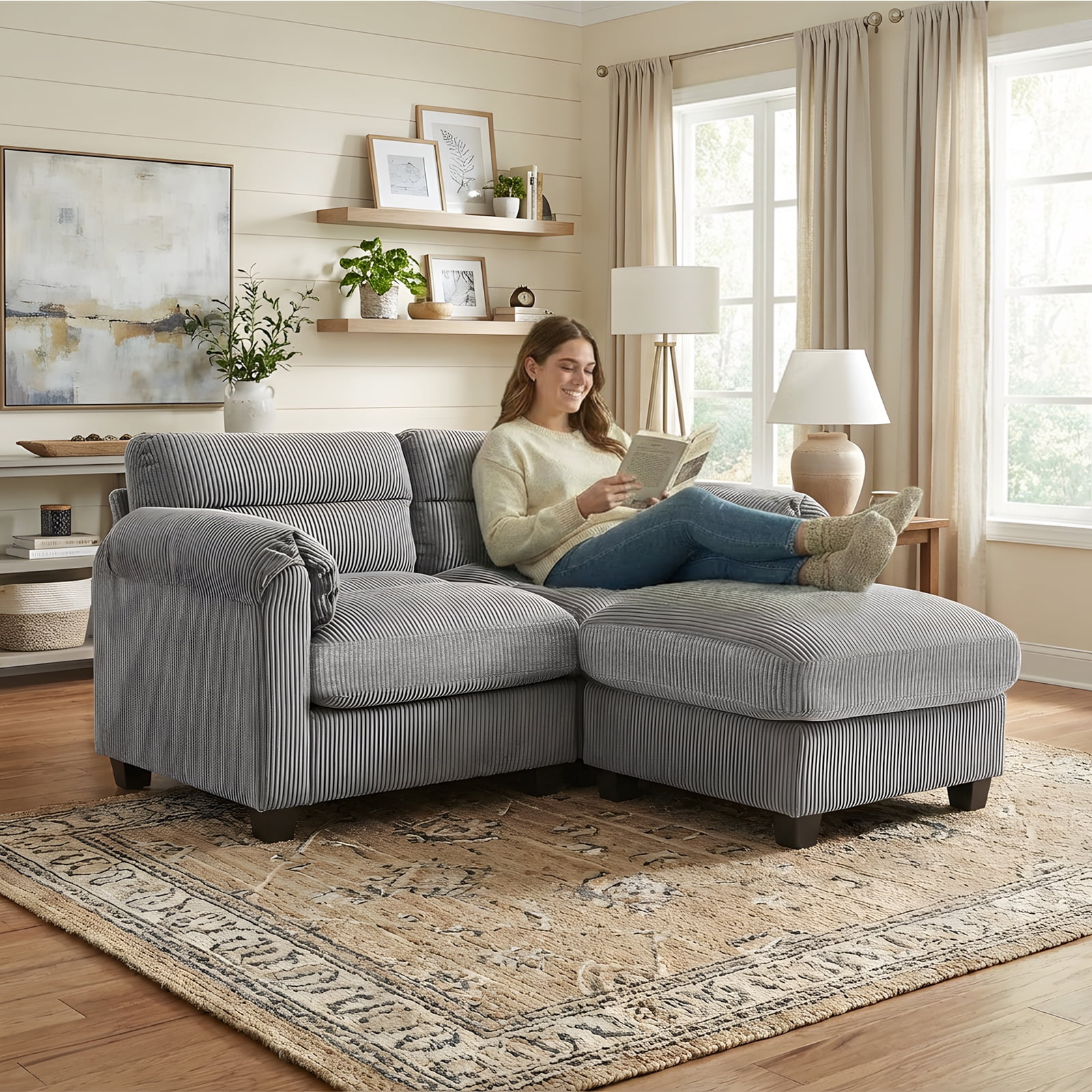 Bonzy Home Modern Loveseat with Ottoman Modular Sectional Sofa Couches for Living Room Entertaining Guests or Relaxing Alone for Small Spaces Apartment Gray
