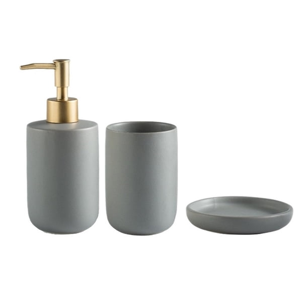 Juego de 3 accesorios de baño de cerámica. Incluye dispensador de jabón, taza for enjuague bucal y jabonera.