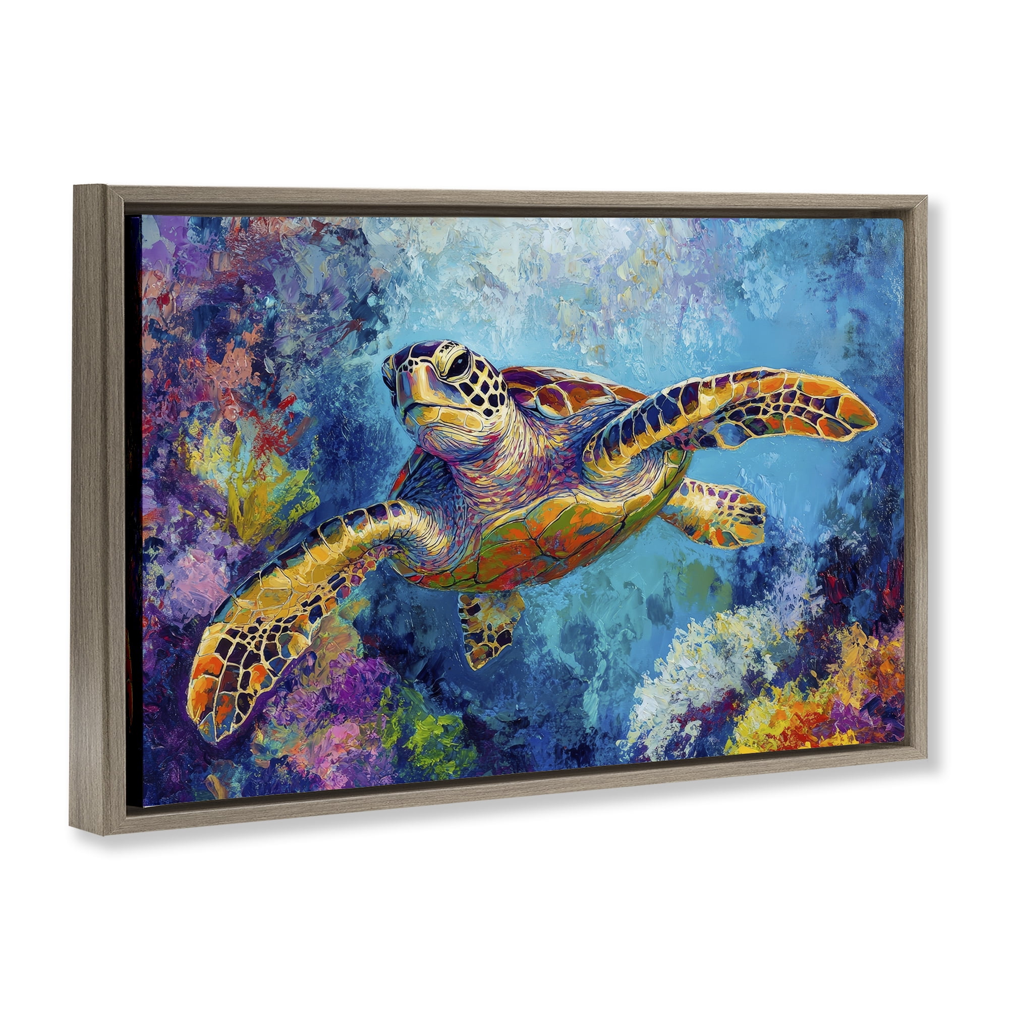 Stupell Industries Colorful Sea Turtle over Coral Brown Framed Floater Canvas Wall Art, design by Petal Prints Design
