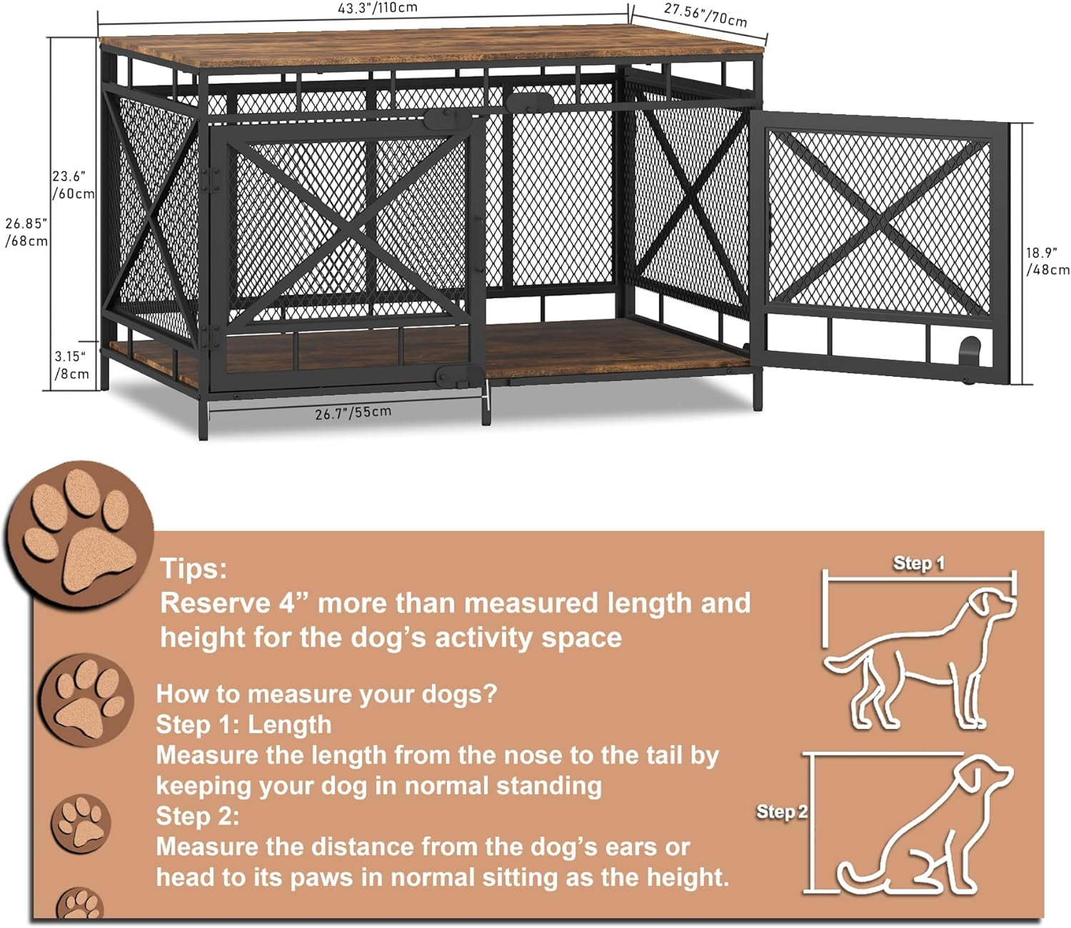 Dog Crate Furniture, Dog Kennel for Small Medium Large Breed, Heavy Duty 43" Large Corner Dog Crate, Indoor Pet Cage with Side Door (Retro Brown)