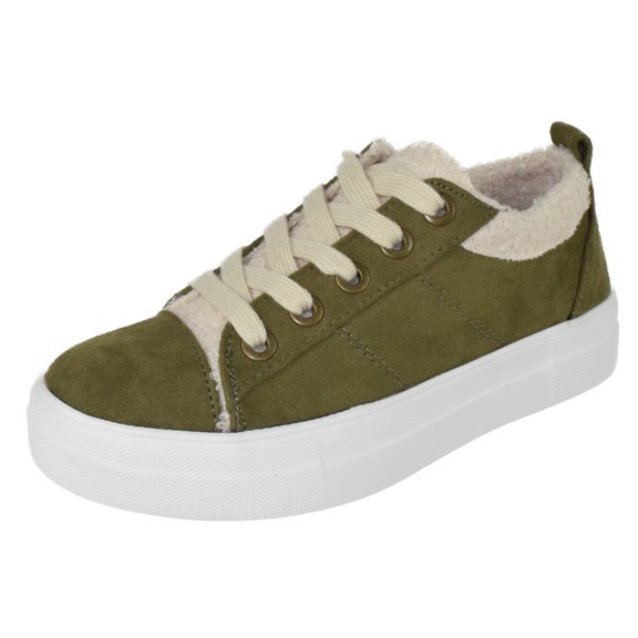 Soda Flat Women's Shoes Lace Up Loafers Casual Sneakers Synthetic Fur Hidden Flatform ENDEAR-G Suede Khaki Green Olive 8