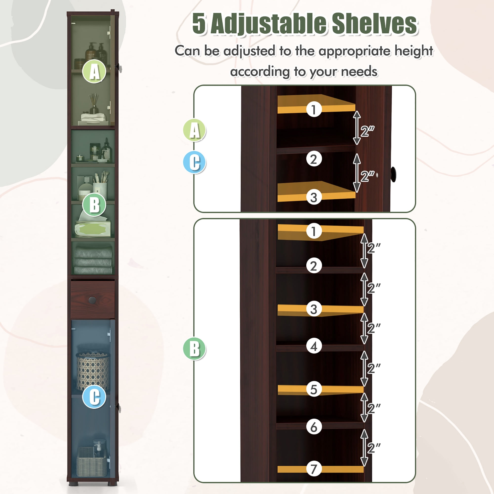 Gymax Tall Slim Bathroom Storage Cabinet Linen Tower w/Drawer Adjustable Shelves Brown