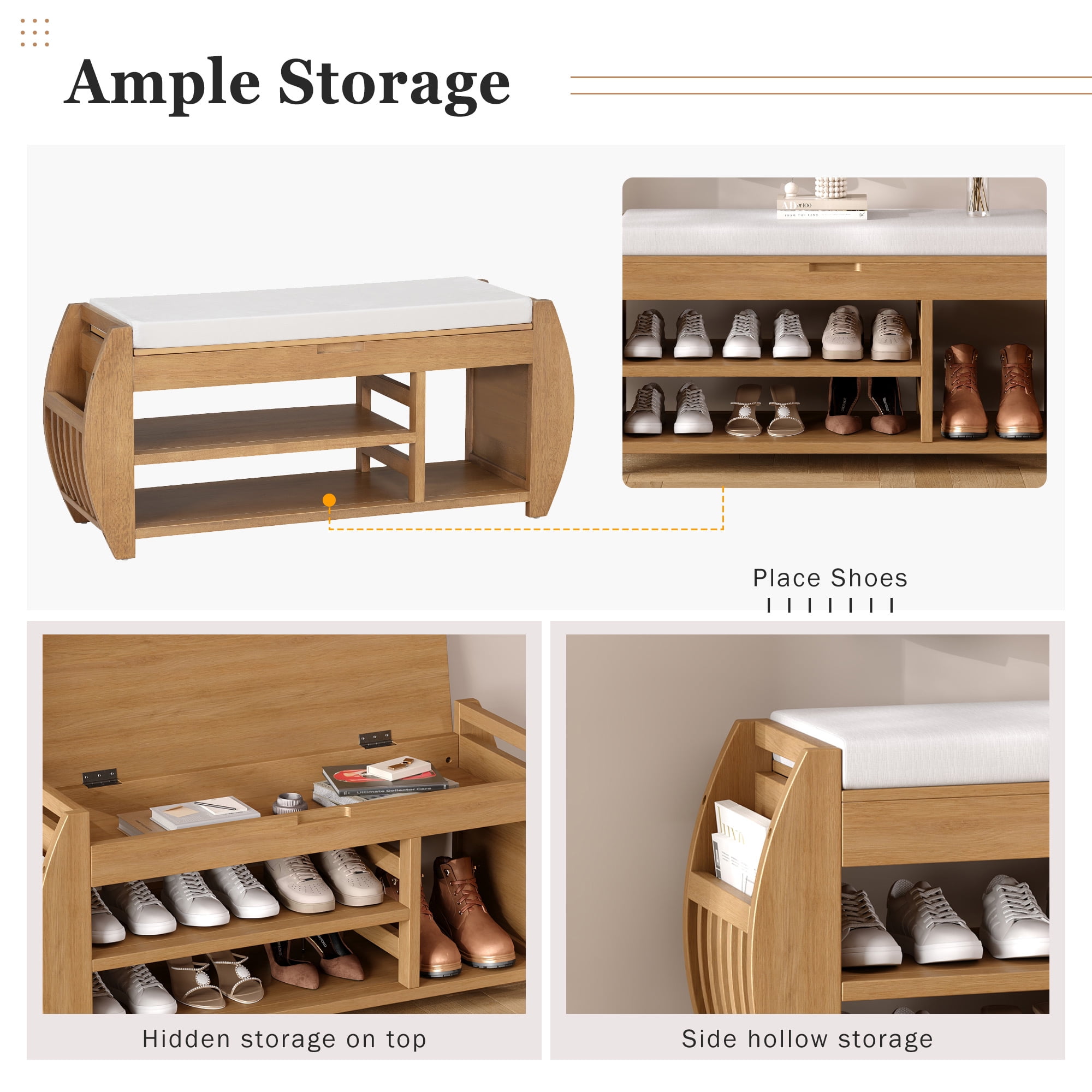 MAYEERTY Shoe Storage Bench with Cushion and Curved Side, Retro Multifunctional Panel for Entryway, Natural