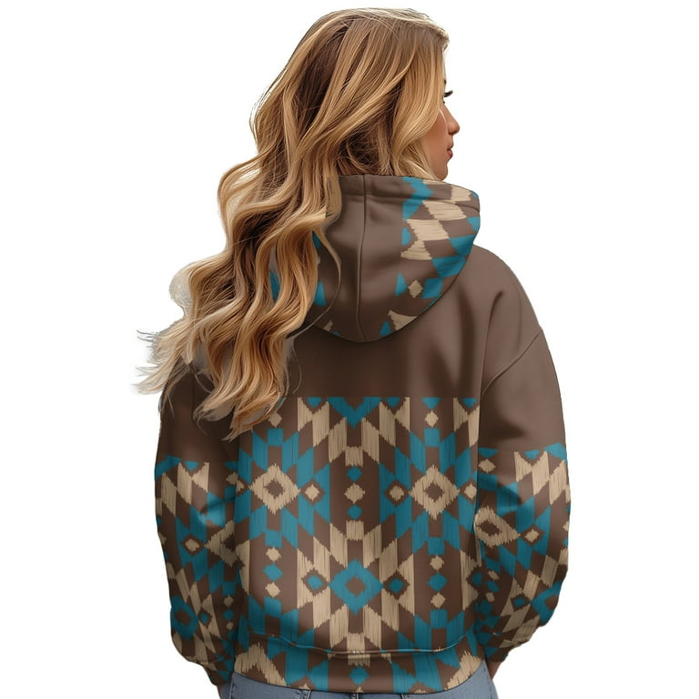 Women's Western Aztec Ethnic Style Hooded Sweatshirts Casual Folk Pullover Long Sleeve Pocket Hoodies Cute Outfit(#05 Beige,M