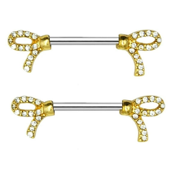 Body Accentz Nipple Shield Rings barbells sold as a pair 14g gold plate bow ribbon