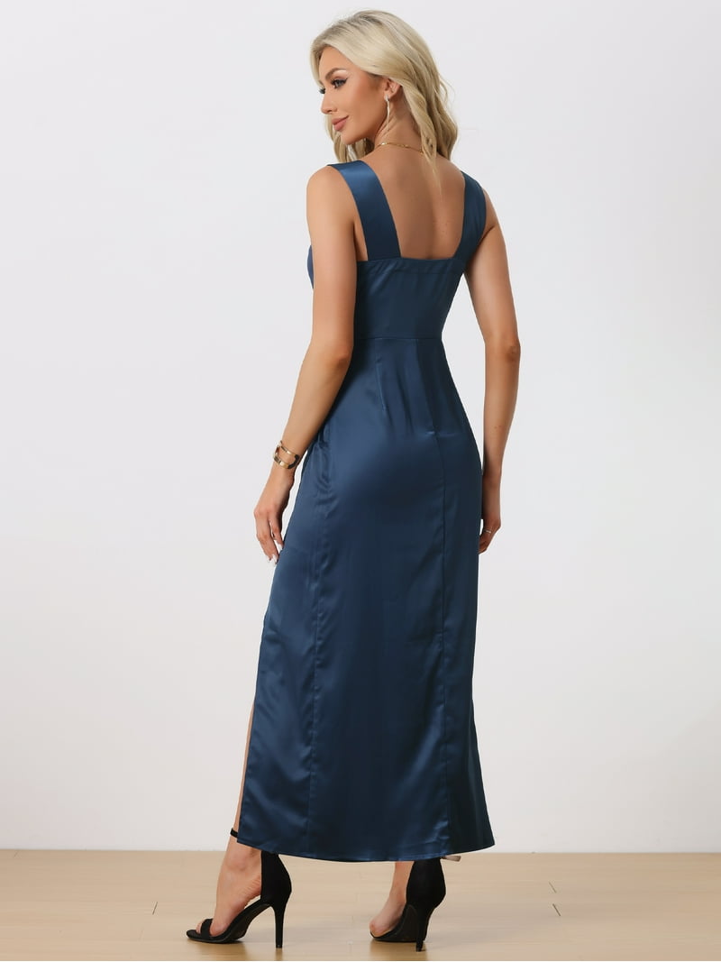Unique Bargains Women's Satin Ruched Front Split Maxi Dress S Navy