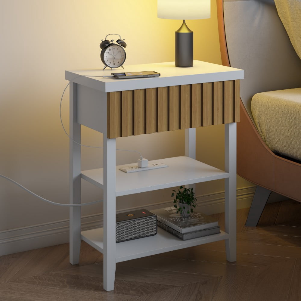 Fluted Nightstand with Charging Station, 2 USB Ports & 2 AC Outlets, Farmhouse Bedside Table with Drawer & 2 Open Shelves, White