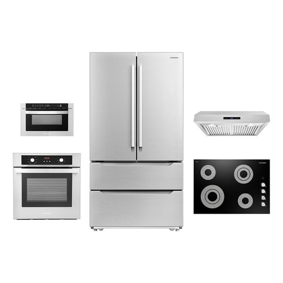 Cosmo 5 Piece Kitchen Appliance Package With 36" Electric Cooktop 30" Under Cabinet Range Hood 24" Single Electric Wall Oven 24.4" Built-In Microwave & French Door Refrigerator