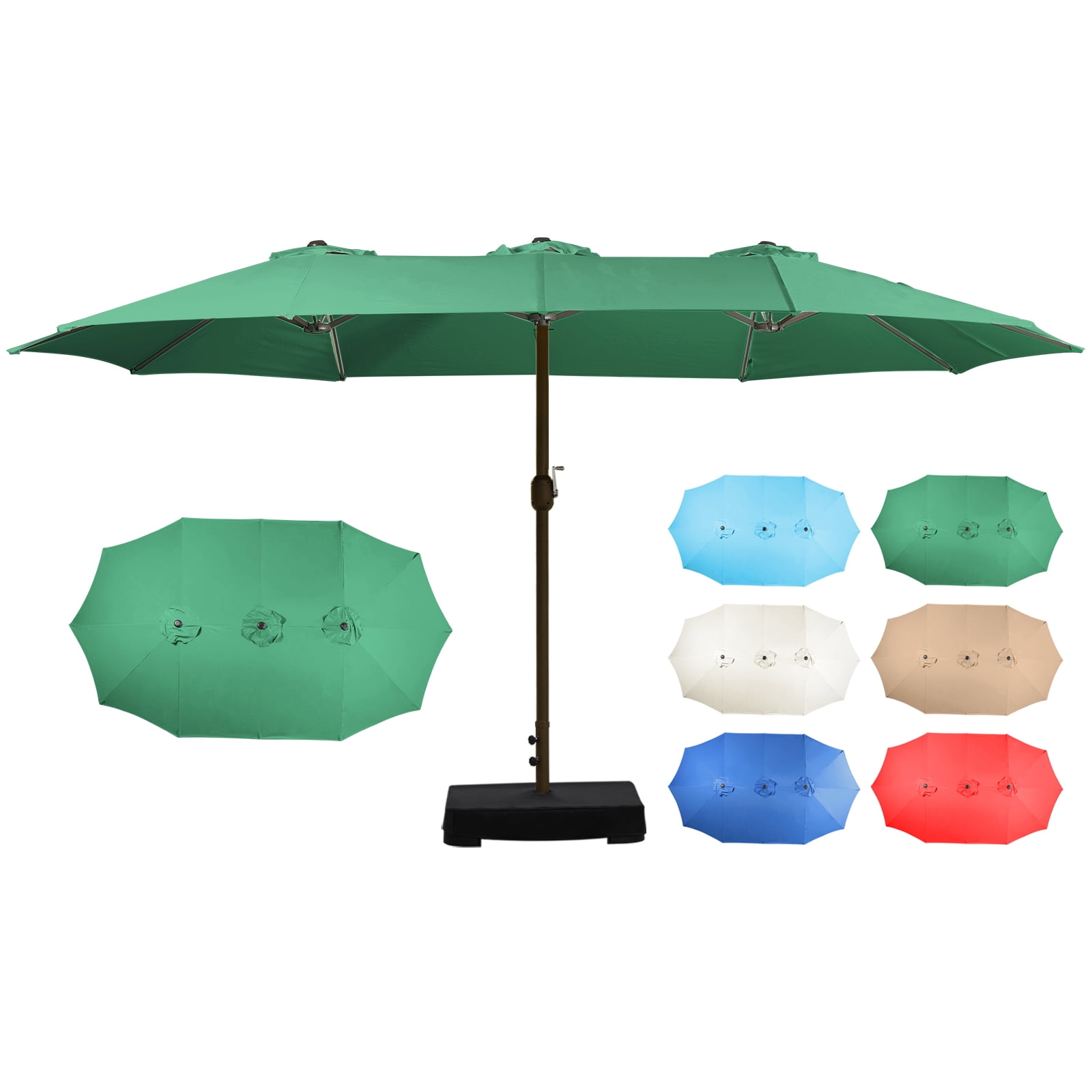 Aoodor 15ft Large Patio Umbrella with Base Stand, Outdoor Double-Sided Rectangle Umbrella - Green