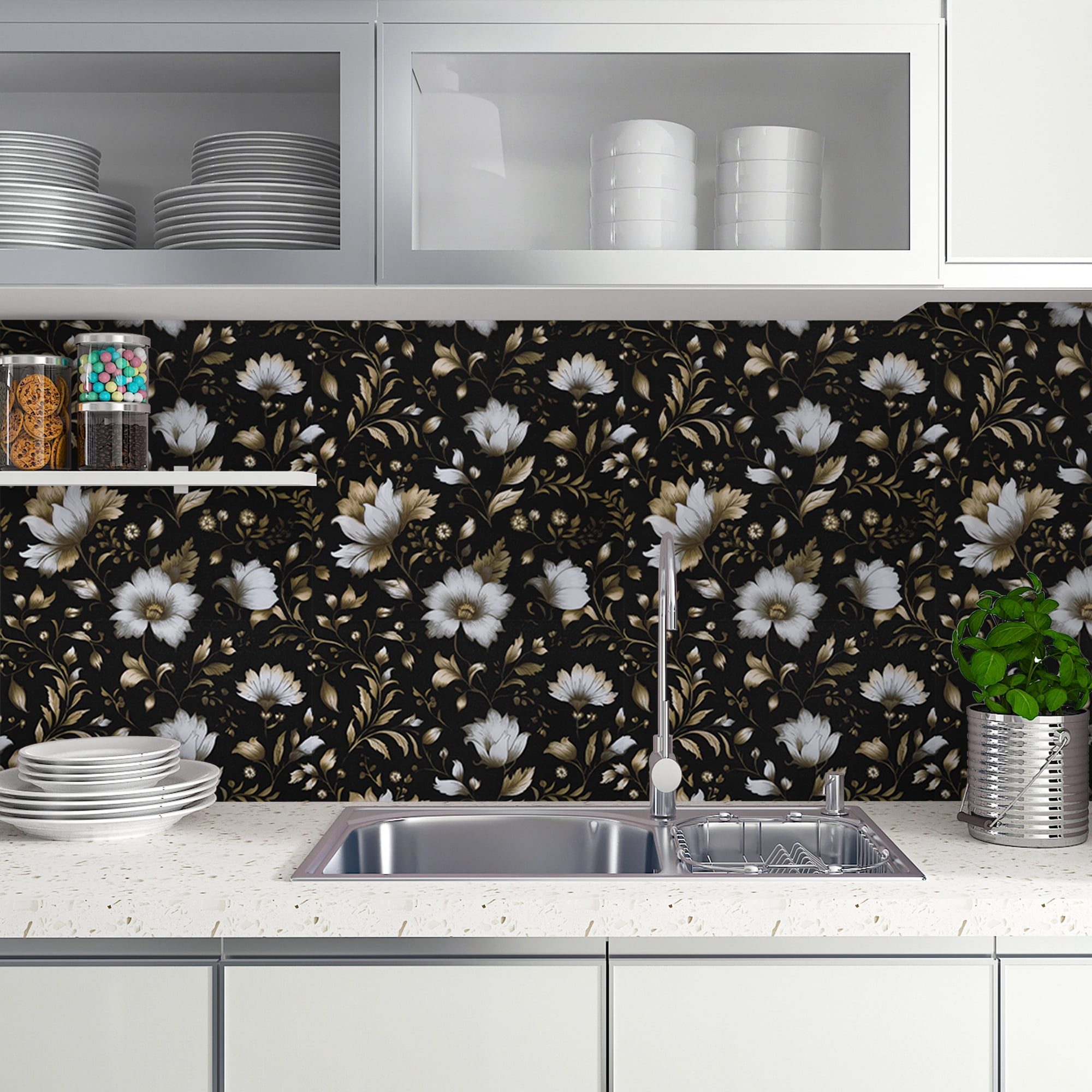 Abyssaly Black Gold Floral Wallpaper, 17.3" x 393" Peel and Stick Wallpaper Self-Adhesive Removable Contact Paper for Home Decoration