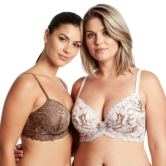 Curve Muse Women's Underwire Plus Size Push Up Add 1 and a Half Cup Lace Bras-2PK-Cream/Brown,Brown/Rose Gold-32B