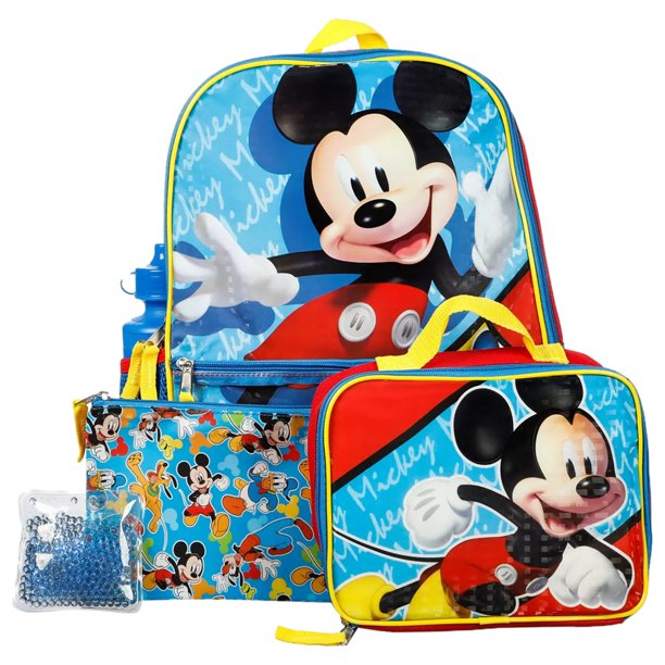 Disney Mickey Mouse Backpack & Lunch Box 5 Piece Set, Blue School